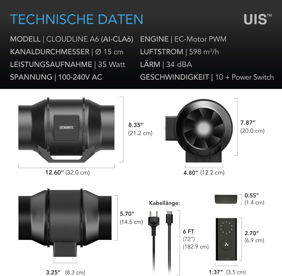 AC Infinity CLOUDLINE LITE A6, Leiser 15,2 cm Inline-Kanalventilator mit Geschwindigkeitsregler, EC-