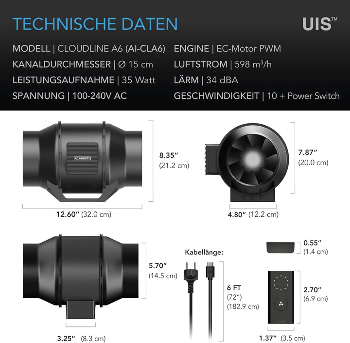 AC Infinity CLOUDLINE LITE A6, Leiser 15,2 cm Inline-Kanalventilator mit Geschwindigkeitsregler, EC-