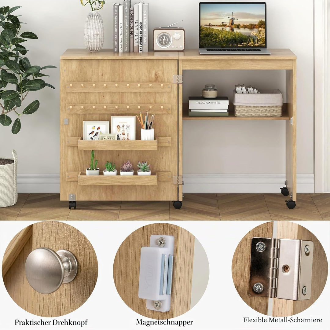 LIFEZEAL Nähmaschinenschrank klappbar, Nähschrank 2 in 1, Schreibtisch Holz mit Haken, Ablage &amp; Roll