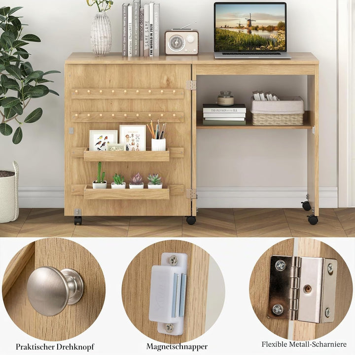 LIFEZEAL Nähmaschinenschrank klappbar, Nähschrank 2 in 1, Schreibtisch Holz mit Haken, Ablage &amp; Roll