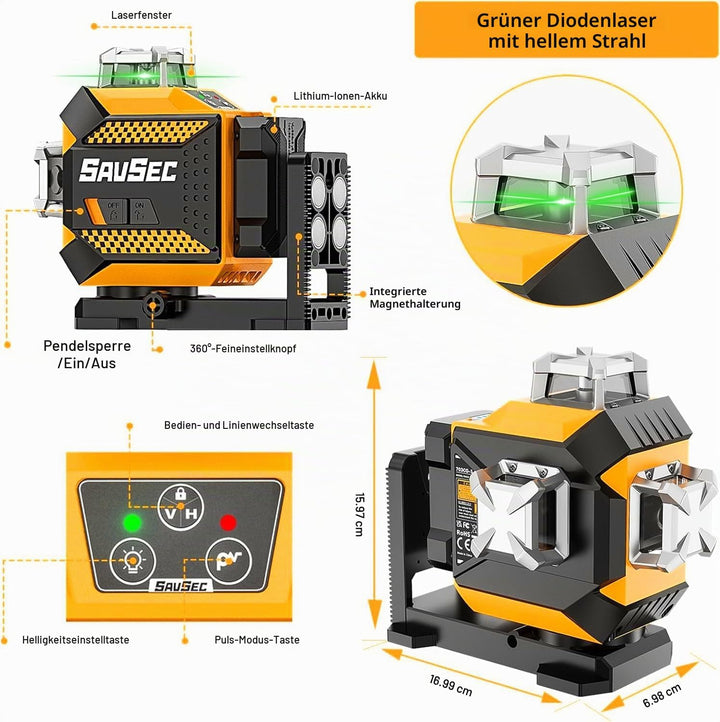 Kreuzlinienlaser, SAVSEC 3x360 Laser Wasserwaage mit Einstellbarer Helligkeit, Grün Selbstnivelliere