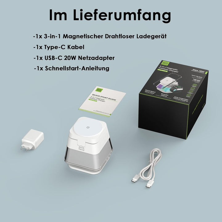 Minthouz 3-in-1 MagSafe Ladestation mit Nachtlicht, Induktive Ladestation für Apple Watch und iPhone