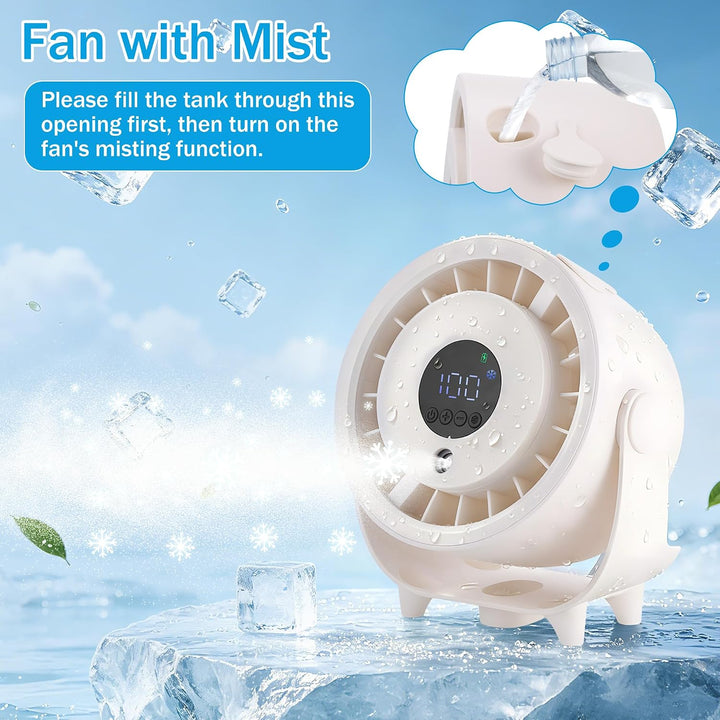 Kssvzz Tischventilator mit Nebelfunktion, Mini Ventilator Leiser über USB Aufladbar, 6000-mAh-Akku,