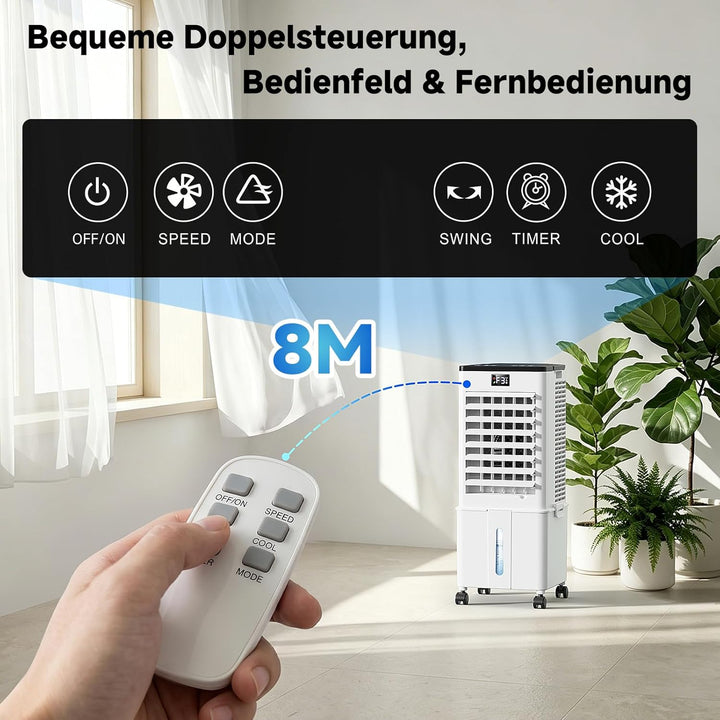 4-in-1 tragbares Klimagerät, Verdunstungsluftkühler mit 10L Wassertank, 4 Modi und 3 Geschwindigkeit