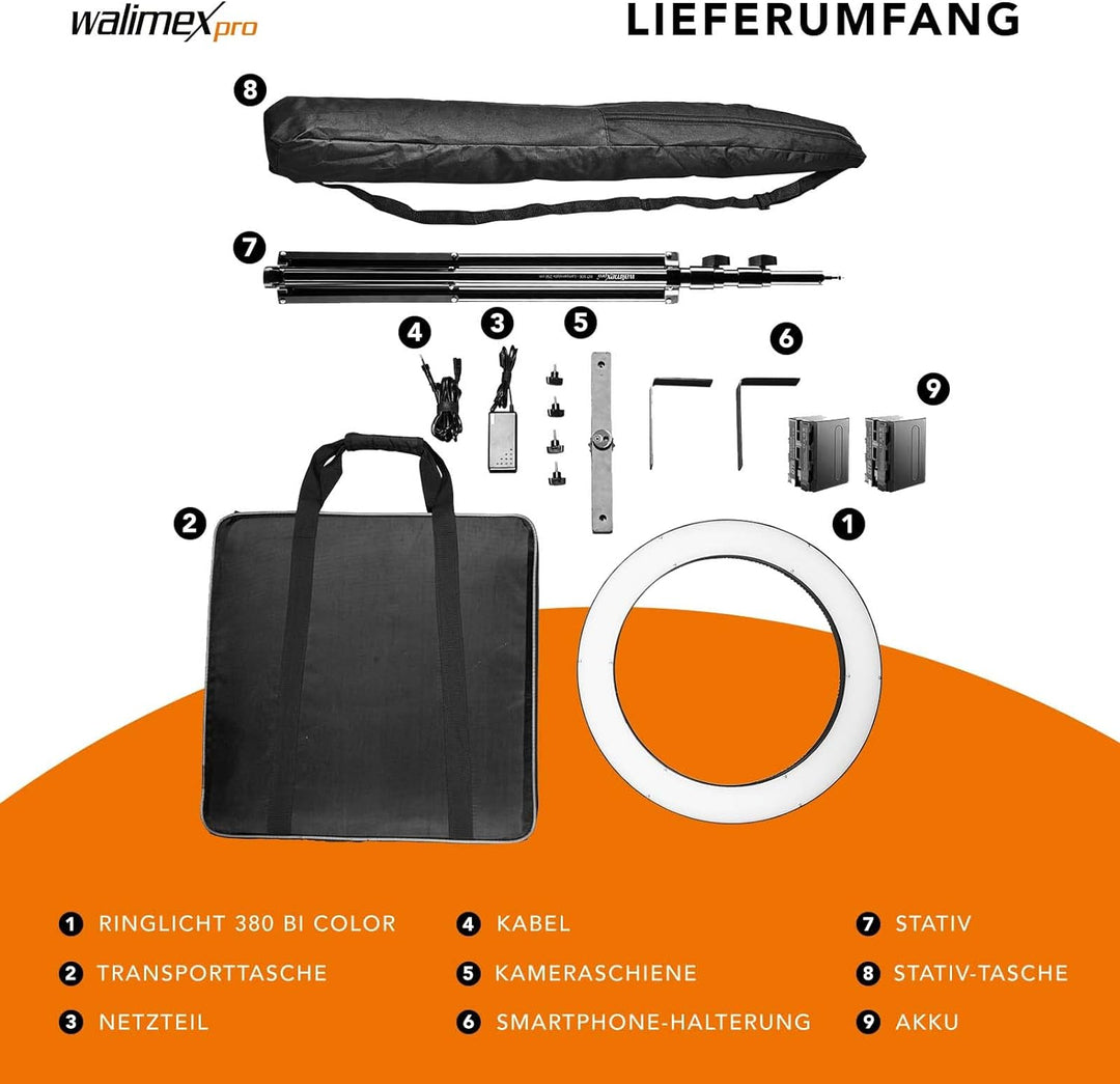 Walimex pro dimmbares LED Ringlicht 32W mit Lampenstativ & 2 Akkus I Ringleuchte mit einzeln schaltb