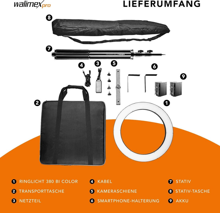 Walimex pro dimmbares LED Ringlicht 32W mit Lampenstativ & 2 Akkus I Ringleuchte mit einzeln schaltb