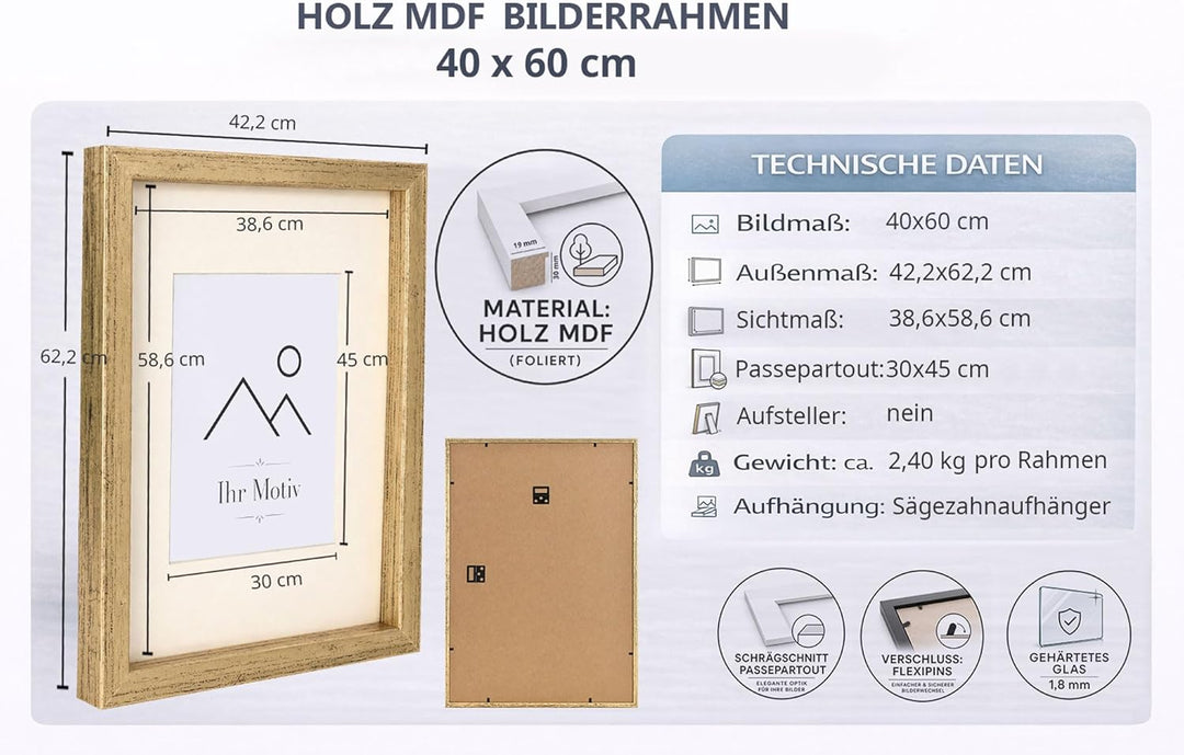 IDEAL TREND 3D Objektrahmen Bilderrahmen mit Passepartout & gehärtetem Glas Holz MDF Rahmen Foto Pos