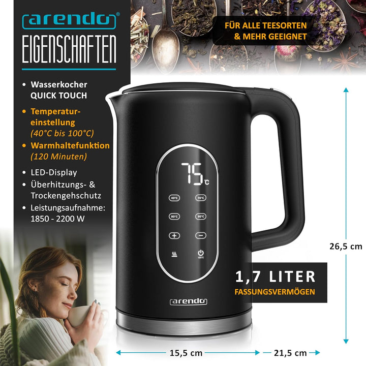 Arendo - digitaler Wasserkocher mit Temperatureinstellung - Edelstahl - Doppelwand Design Cool Touch