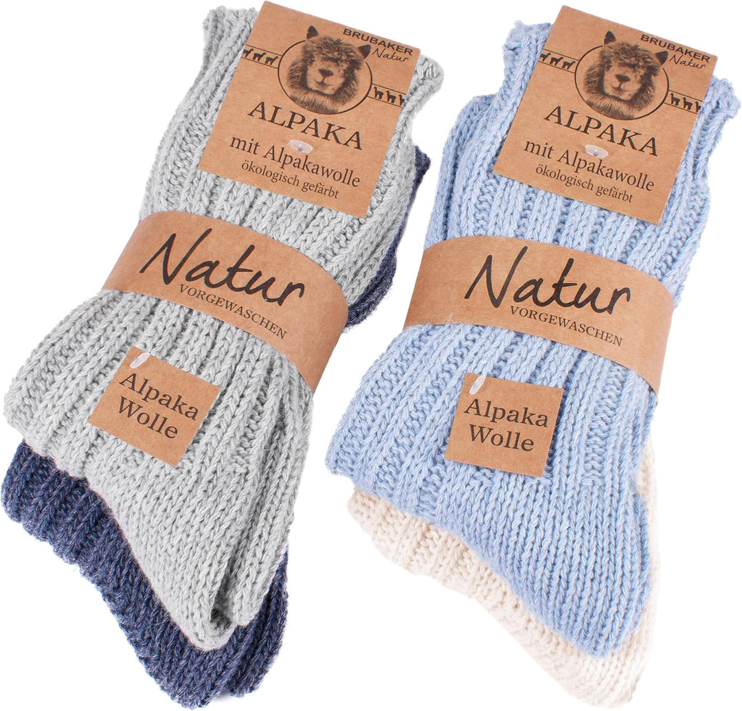 Brubaker 4 Paar Alpaka Socken sehr dick flauschig und warm - reine Alpakawolle 39-42 Blau- und Graut