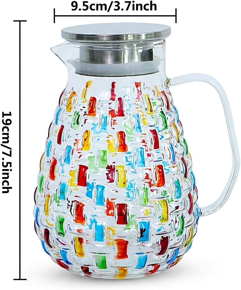 Handbemalter bunter Kristallglas-Krug mit Edelstahldeckel – buntes Webdesign, Wasserkrug, Karaffe, E