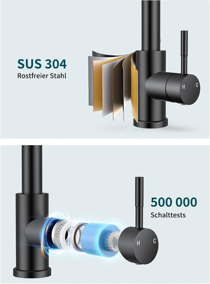 Wasserhahn Küche, Ausziehbare Küchenarmatur mit Sprühbrause aus Edelstahl und 2 Sprühfunktionen, 360