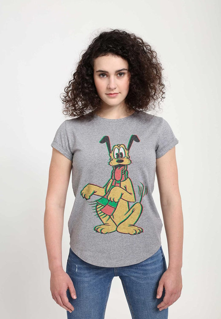 Disney Damen Mickey Classic Pluto Holiday Colors gerollten Ärmeln T-Shirt L Melange Grey, L Melange