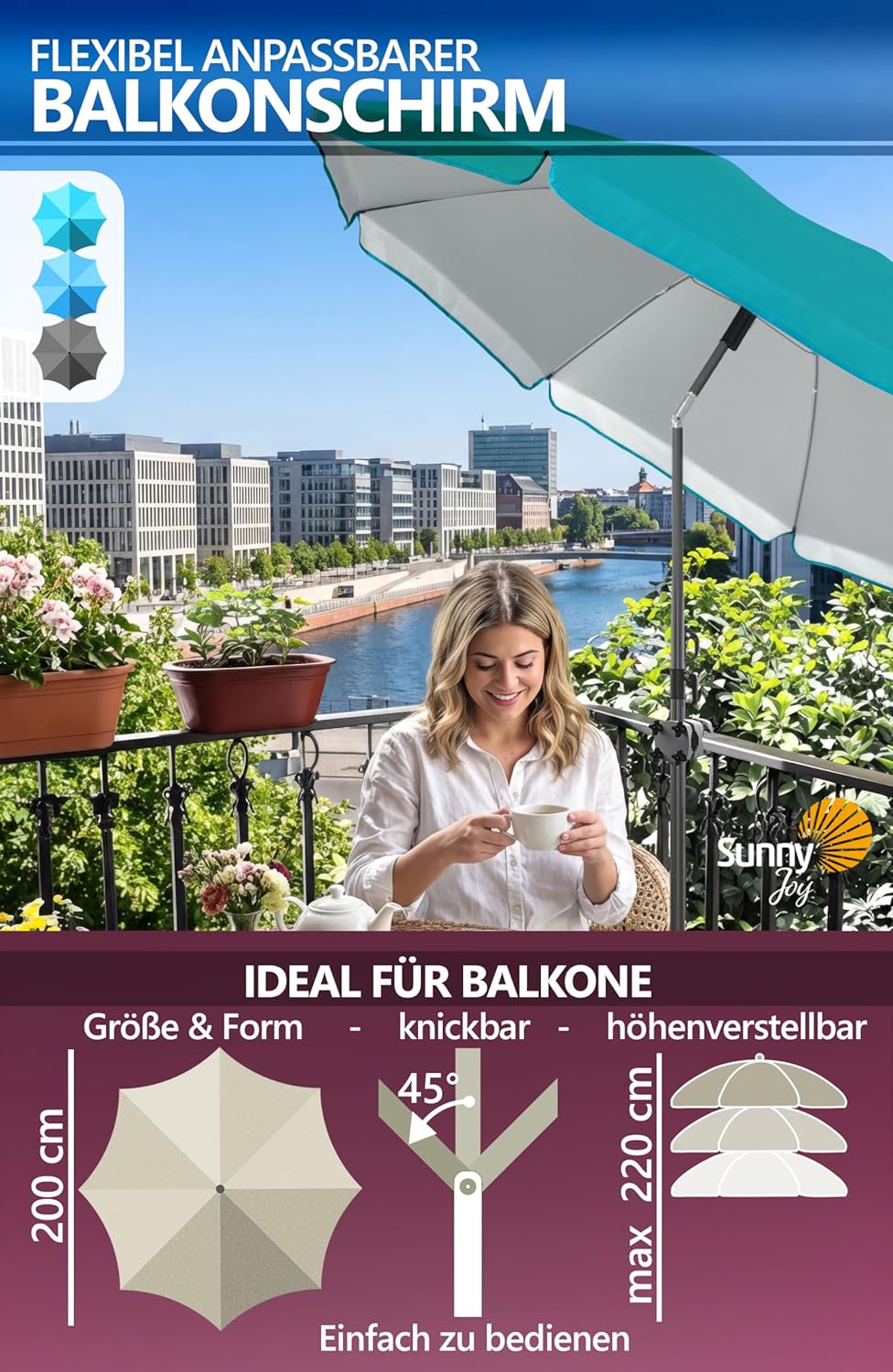 4smile Sonnenschirm Balkon SunnyJoy, 3-in-1 SET, Türkis - UPF 50+ Sonnenschirm Ø 200 cm + SunnyGuy S
