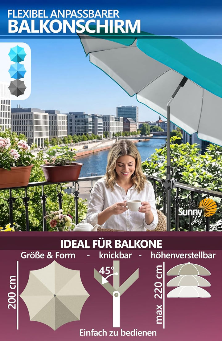 4smile Sonnenschirm Balkon SunnyJoy, 3-in-1 SET, Türkis - UPF 50+ Sonnenschirm Ø 200 cm + SunnyGuy S