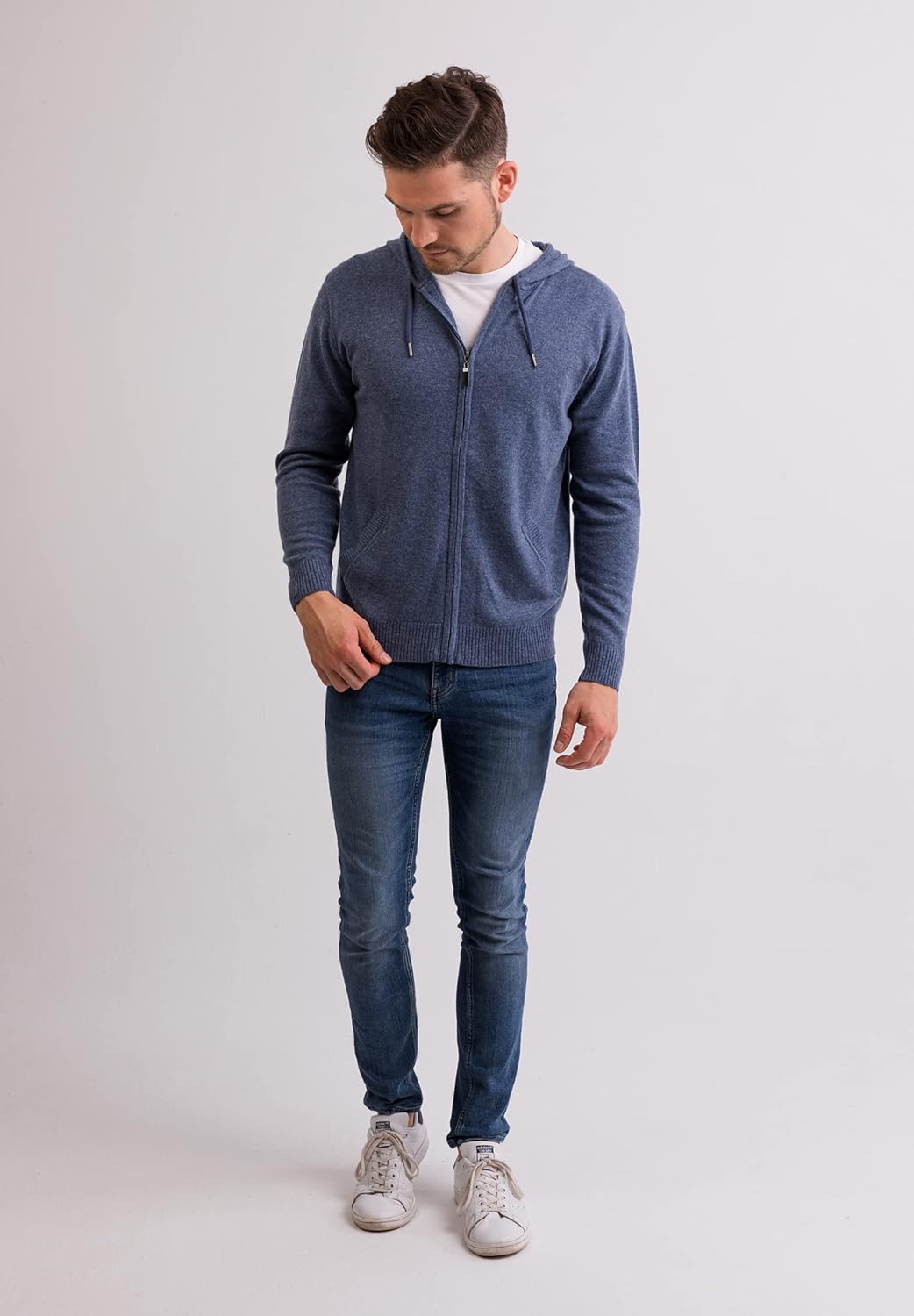CASH-MERE.CH 100% Kaschmir Herren Kapuzenpullover | Hoodie mit Reissverschluss S Jeans, S Jeans