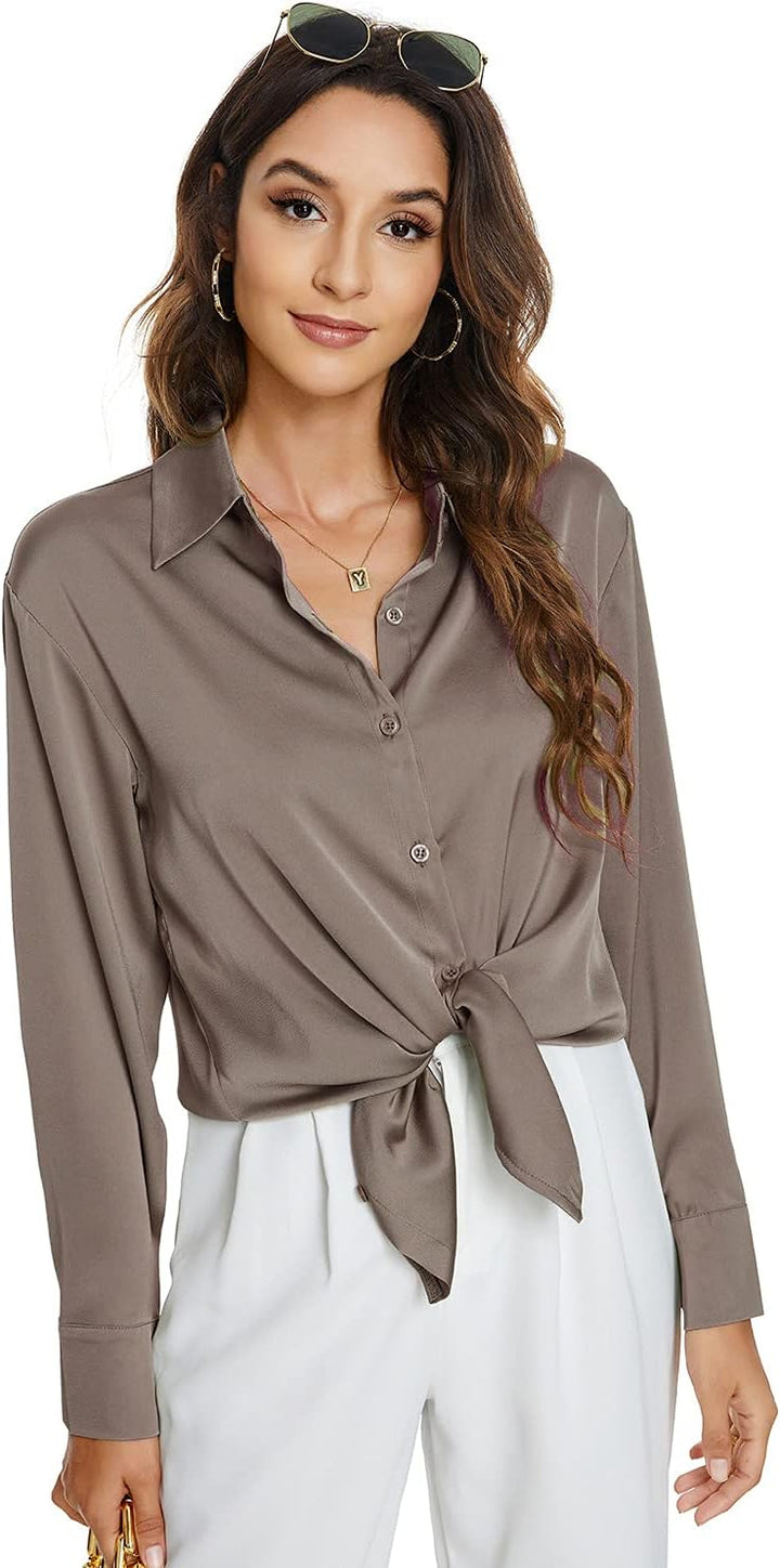 Atnlewhi Damen Bluse Langarm Knöpfen Satin Seide Hemden Basic Kent Kragen Arbeit Büro Formelle Casua