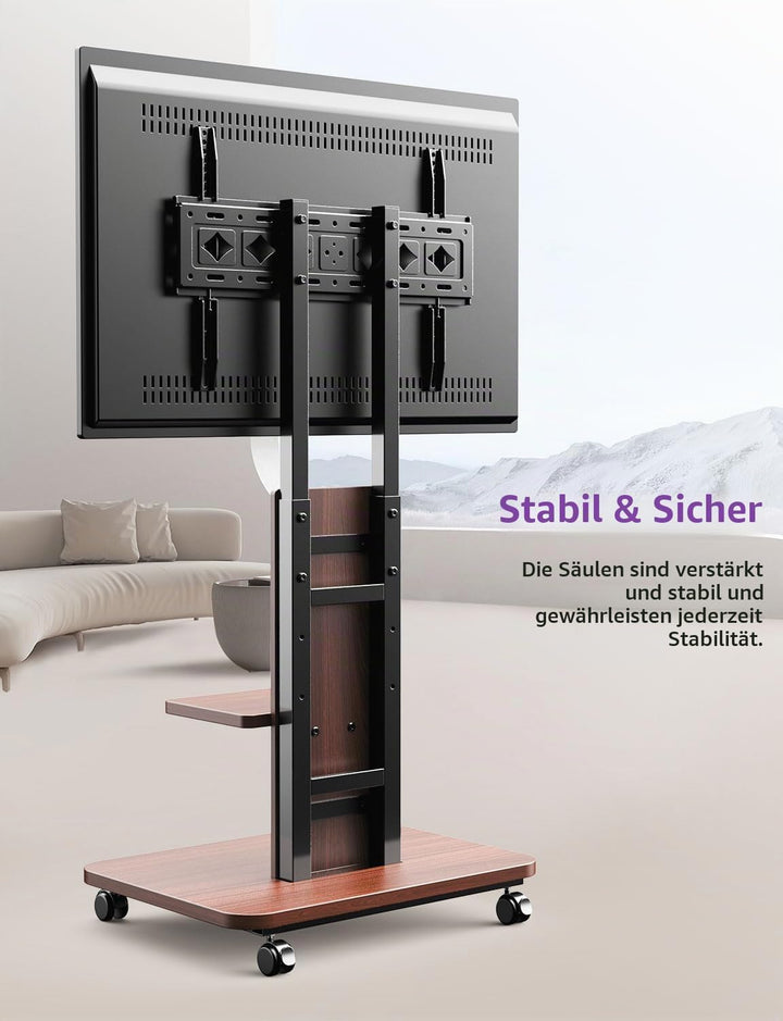 TV Ständer Rollbar mit Holzablage, Fernsehständer auf Rollen für 32-75 Zoll Fernseher, TV Bodenständ