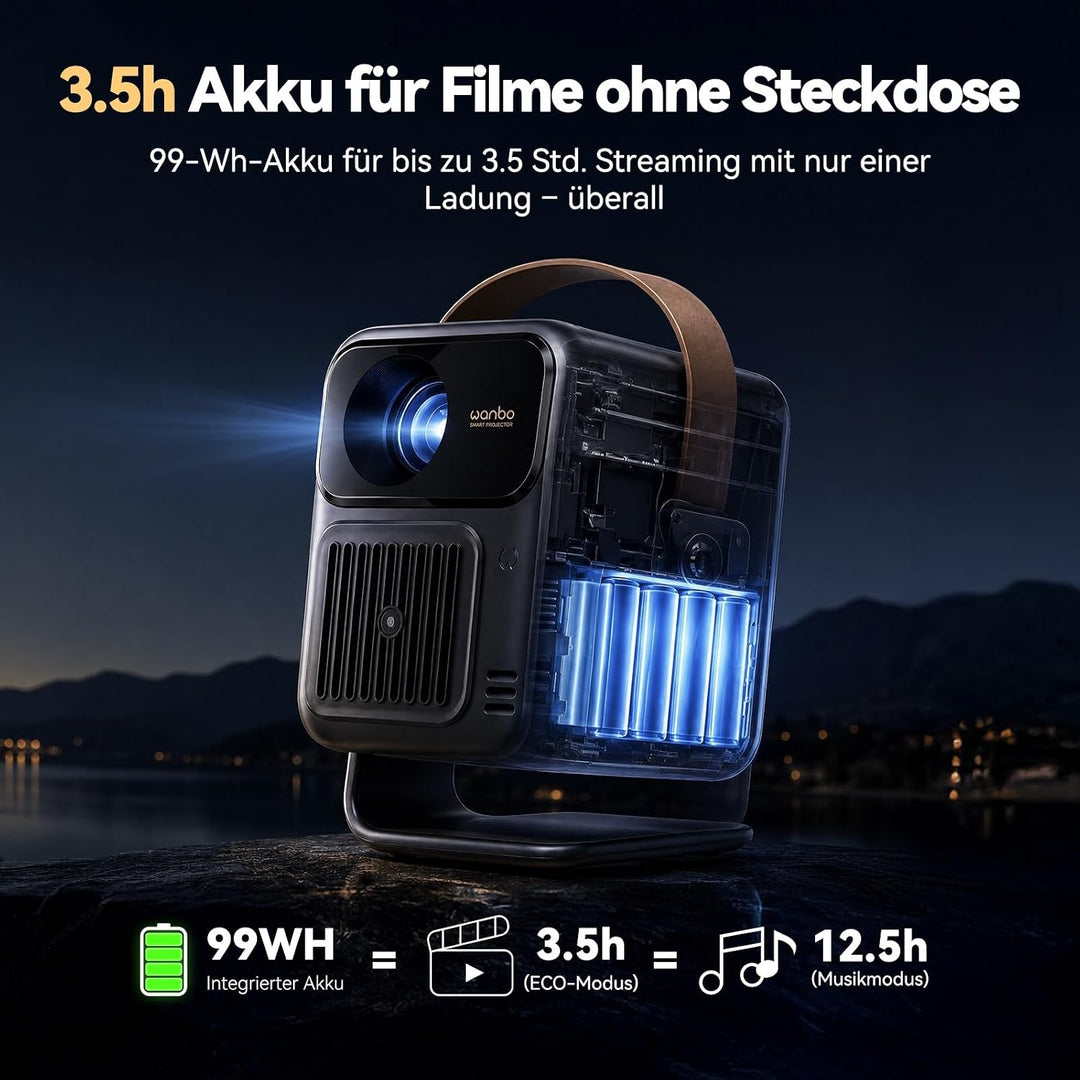 WANBO Togo Pro Akku Smart Beamer Google TV Netflix, Tragbar Projektor mit 3,5h Akku für Outdoor &amp; He