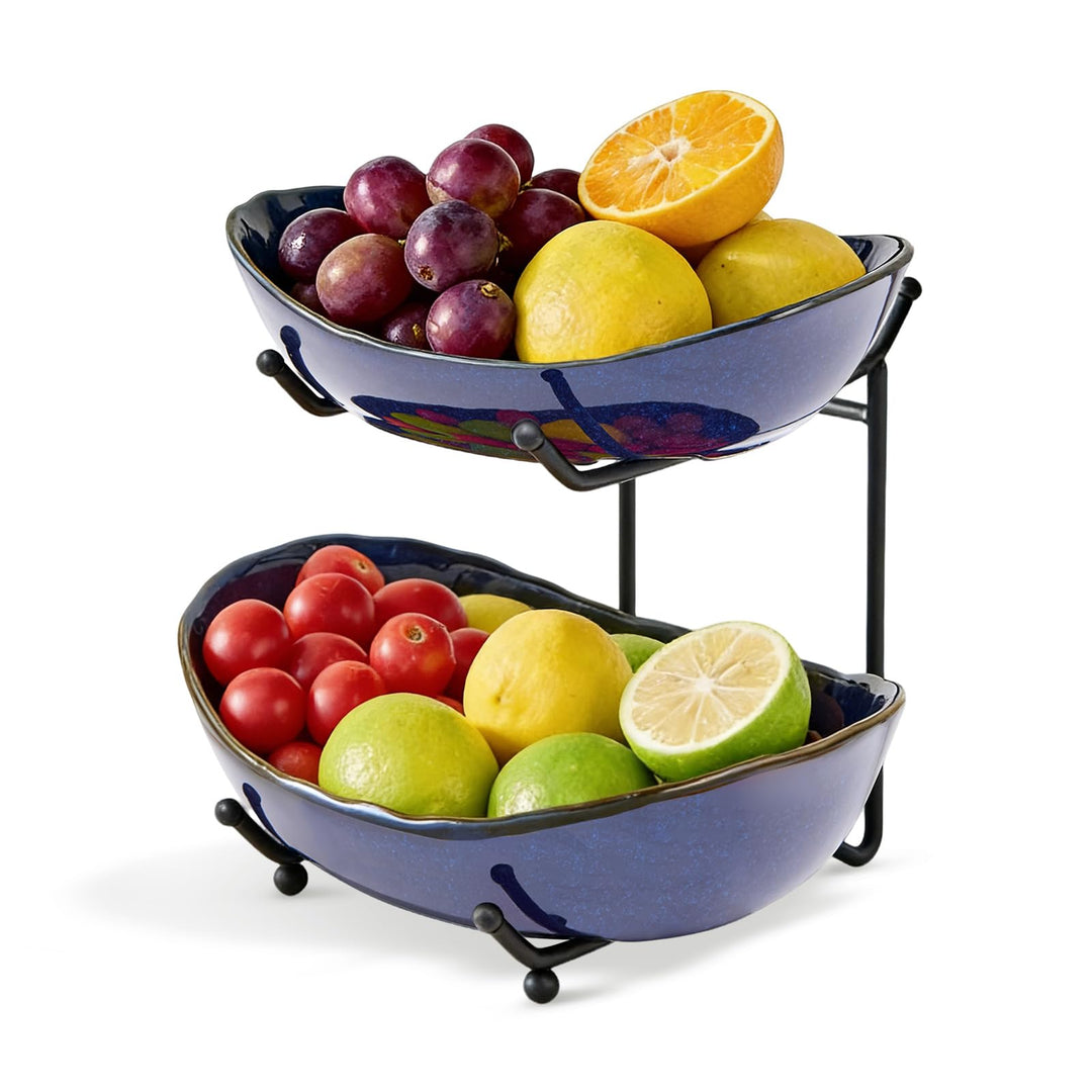 DUJUST Obstschale mit 2 Ebenen, Keramik-Obstständer mit feuerveredelter Glasur, stapelbar & platzspa