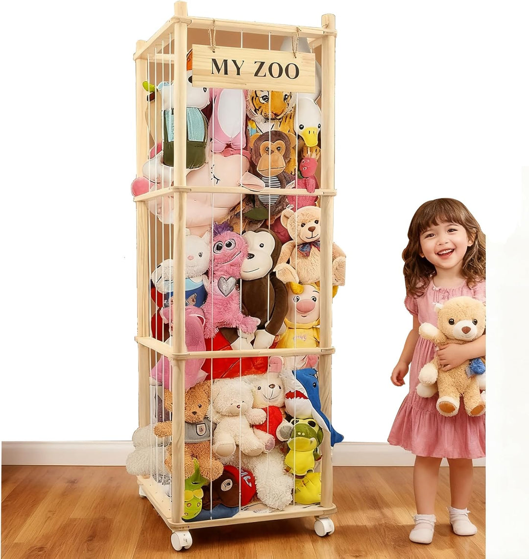 Holz Kuscheltier Aufbewahrung mit °Räder, 135 * 40 * 40cm Stofftier Aufbewahrung für Kuscheltiere, A