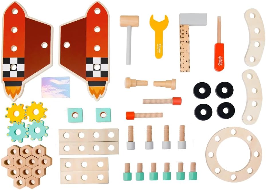 Classic World Werkbank Kinder Rakete ab 3 Jahre | Werkzeugbank mit 51 Teilen | Spieltisch mit Werkze