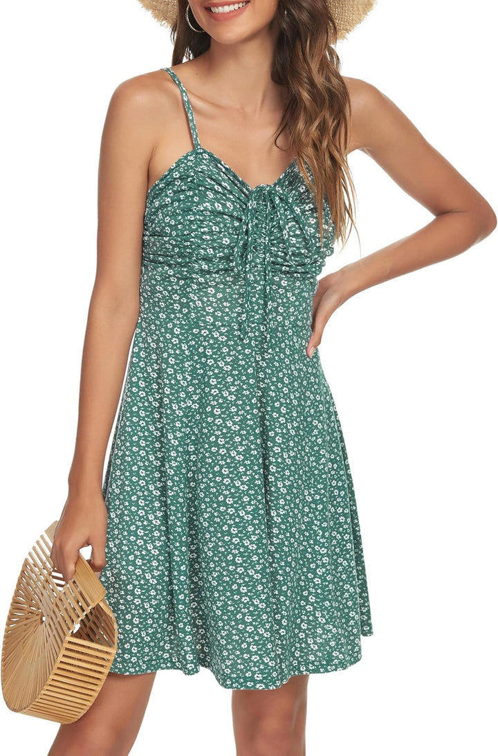 Missufe Damen Sommerkleid Swing Blumenkleid Freizeitkleid Spaghettiträger Cami Kleider, XS Grün