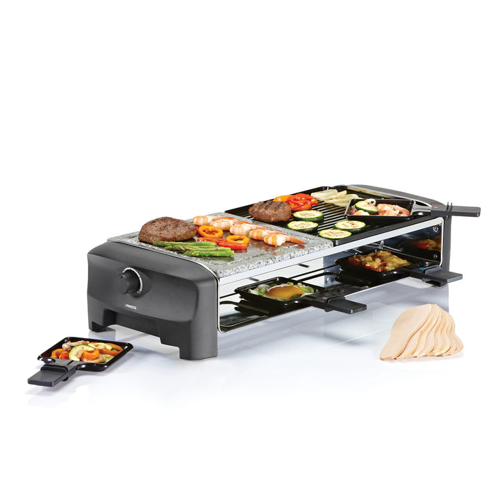 Princess Raclette Grill/ Steingrill für bis zu 8 Personen – mit 8 Pfännchen und regelbarem Thermosta