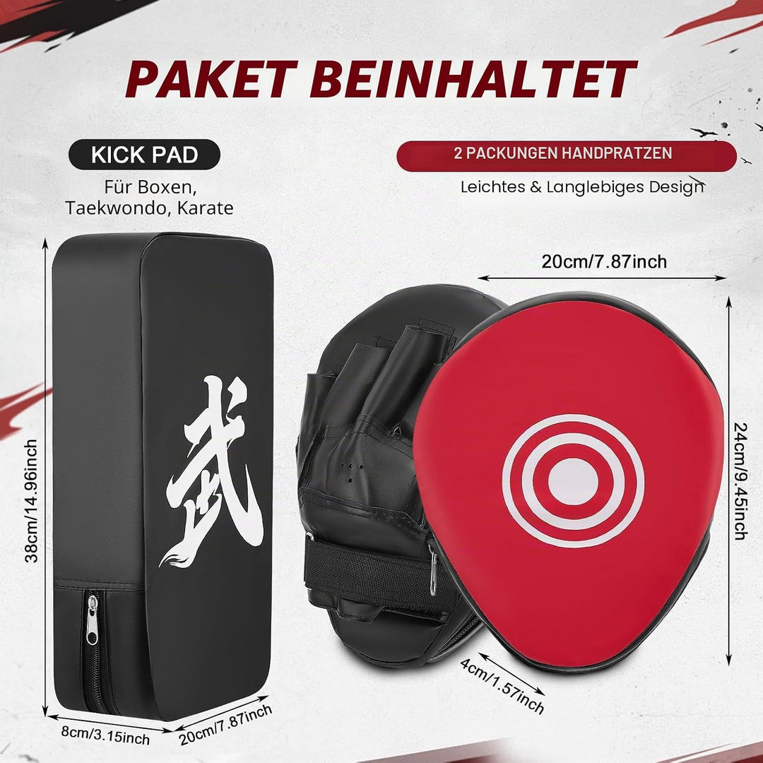 3 in 1 Handpratzen Set für Boxen &amp; Kickboxen, 2x Box Pratzen aus PU Leder + 1x Kick Pad, Schlagpolst