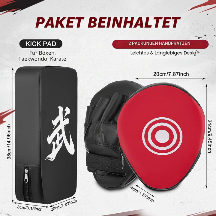 3 in 1 Handpratzen Set für Boxen &amp; Kickboxen, 2x Box Pratzen aus PU Leder + 1x Kick Pad, Schlagpolst