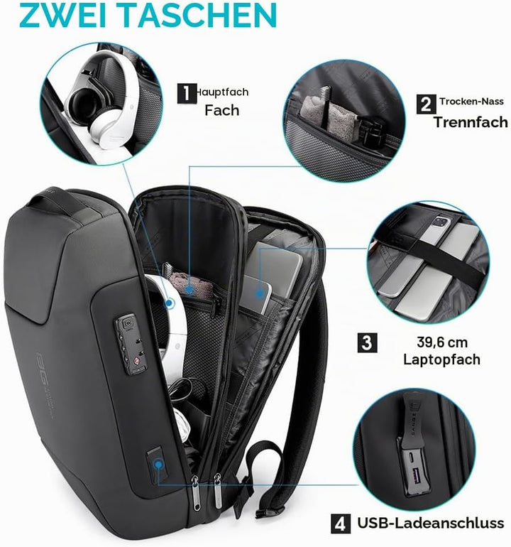BANGE Anti-Diebstahl-Rucksack mit USB-Ladeanschluss, leichter Business-Rucksack für Damen und Herren