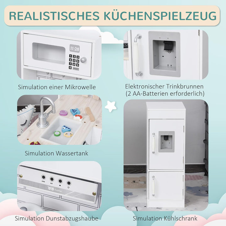 HOMCOM Kinderküche mit Elektronischem Wasserspender Mikrowelle Weiss