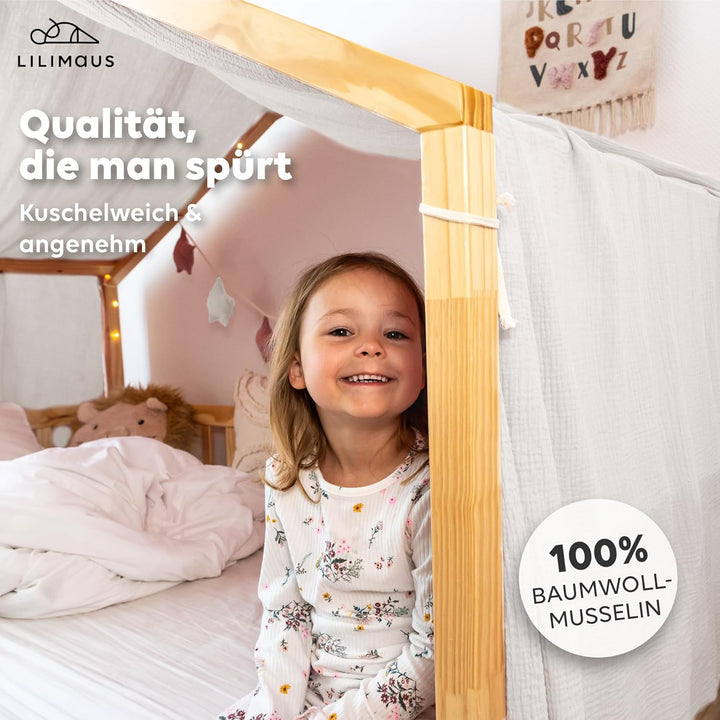 Hausbett Himmel [in 12 Farben] Betthimmel Hausbett aus 100% Baumwolle Musselin - Stoffhimmel für Hau