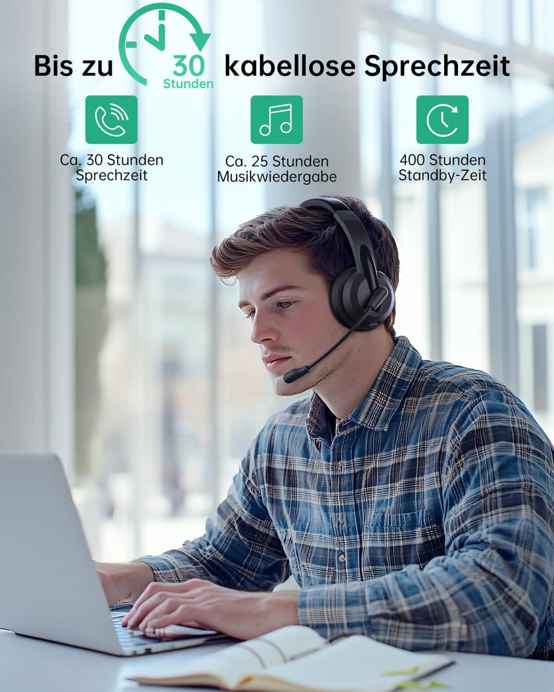 syndesmos Headset mit Mikrofon Bluetooth, Verstellbares Kopfband Headset PC, Unterstützt 2,4 G/Bluet