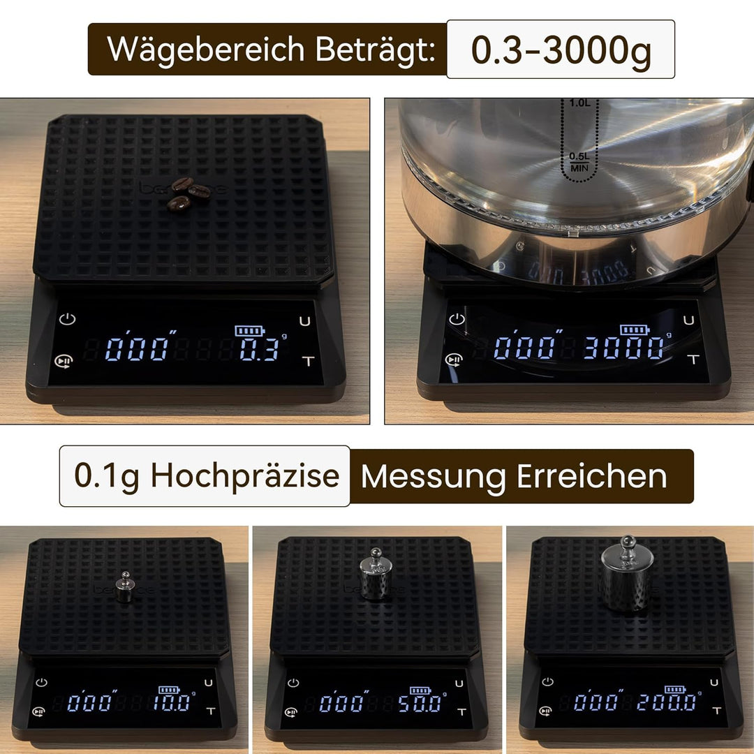 bemece Wiederaufladbare Digital kaffeewaage, Barista Waage 0,1 g, Wasserdichte Espressowaage mit Gro