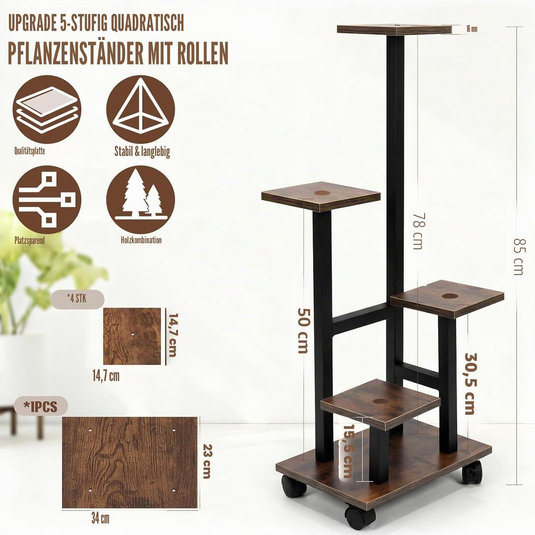 Pflanzenständer mit Rollen, 5 Etagen, 85 cm hoch, quadratisches Pflanzenregal aus Holz & Metall, sta