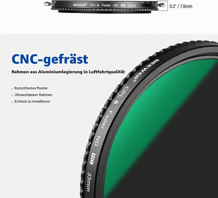 NEEWER 2 in 1 55mm Variable ND Filter ND2-ND32&amp;CPL (Zirkular Polfilter) No X Cross Variabel Graufilt