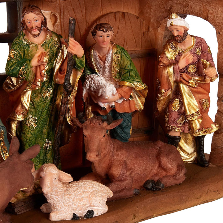 BRUBAKER Weihnachtskrippe - 40 cm Tischkrippe Weihnachtsfigur mit handbemalten Figuren Jesus, Maria,