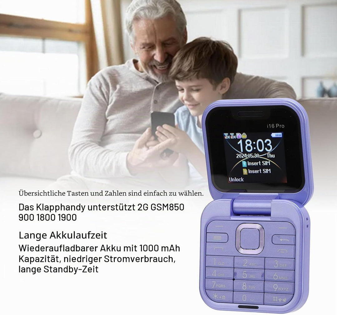 Klapp-Handy, 2 SIM-Karten, -Format, faltbar, kleiner Bildschirm, FM-Radio, Magische Stimme, schwarze