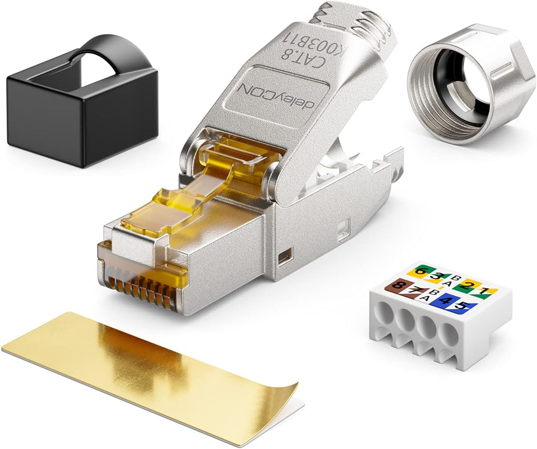 deleyCON 2x CAT 8 Netzwerkstecker RJ45 Werkzeuglos Geschirmt 40 Gbit/s Netzwerk Stecker für Starre V
