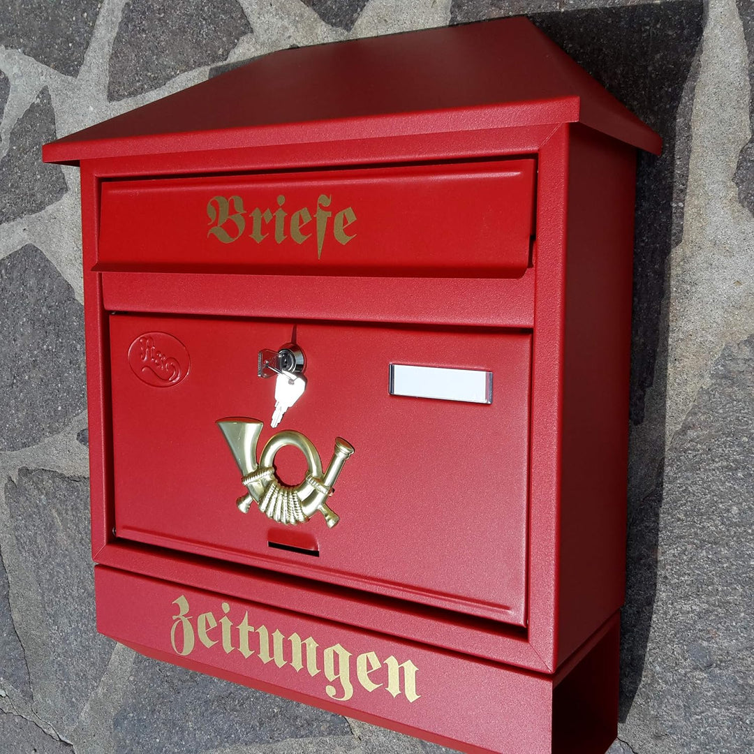 Grosser Briefkasten/Postkasten XXL Rot/Matt mit Zeitungsrolle Zeitungsfach Schrägdach Trapezdach
