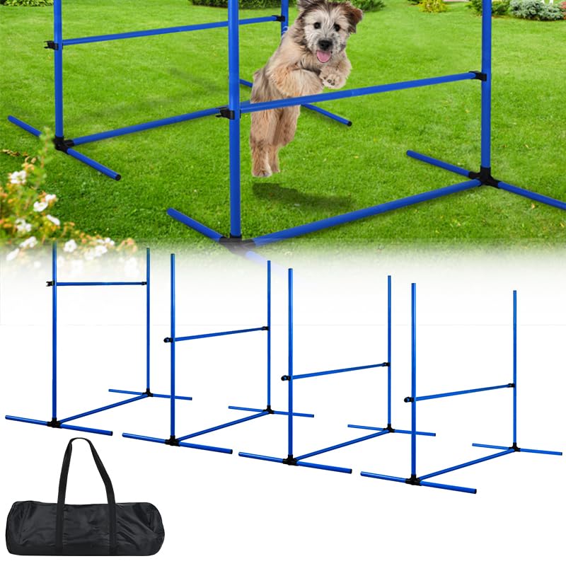AufuN Hunde Agility Training Set, 4X Höhenverstellbare Hürden + Slalomstäbe inkl. Tragetasche, Profe