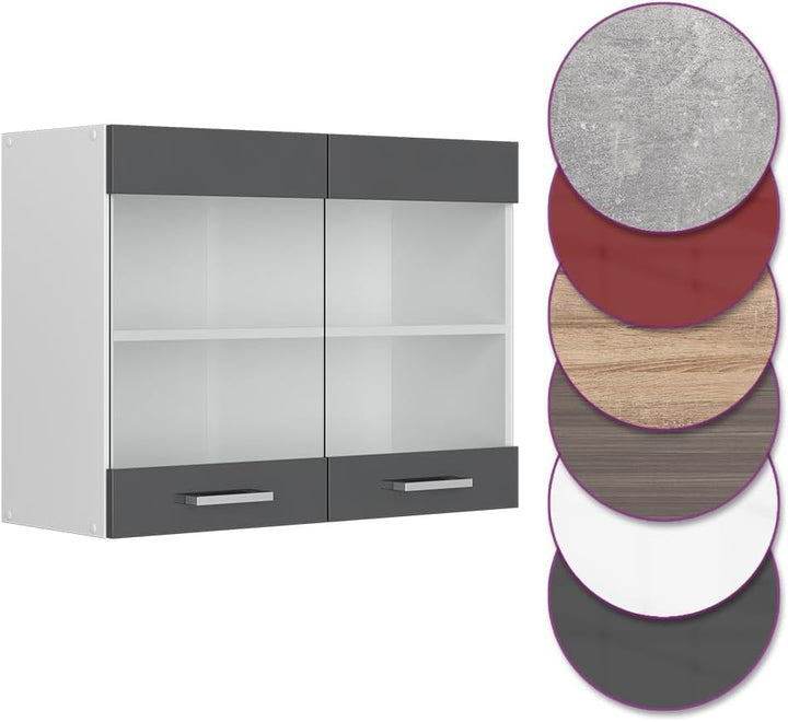 Vicco Küchenschrank Glas R-Line, Anthrazit Hochglanz/Weiss, 80 cm Anthrazit Hochglanz Hängeglasschra