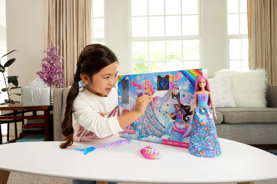 Barbie-Adventskalender mit Puppe und 24 Überraschungs-Accessoires mit Einhorn und 3 Tieren, die Mode