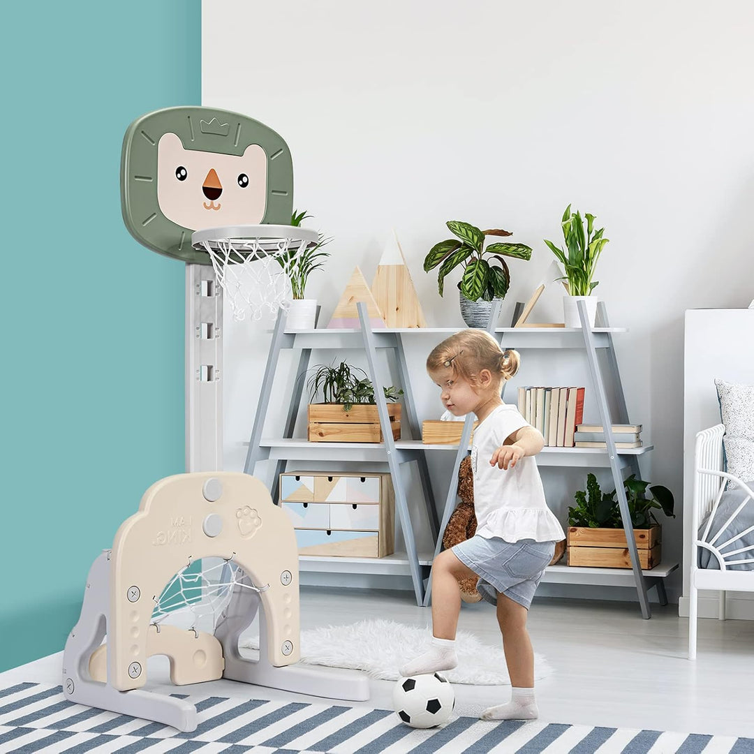 DREAMADE 3 in 1 Kinder Basketballkorb Set, 77-116 cm höhenverstellbarer Basketballständer mit Fussba