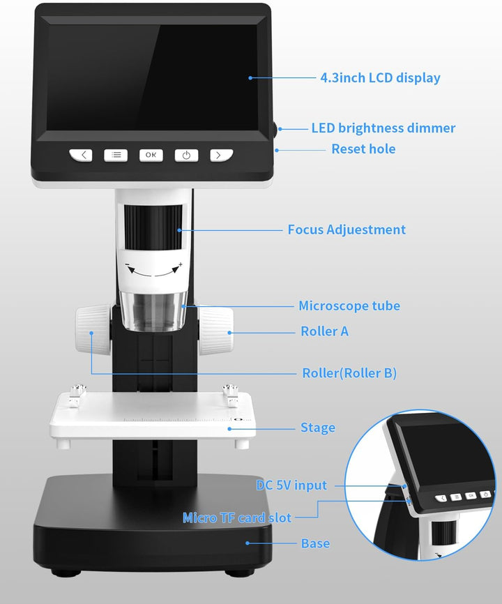 CIMELR Mikroskop, 4,3-Zoll-Digital Mikroskop, 50X-1000X Auflösung, USB Mikroskop mit 8 einstellbaren