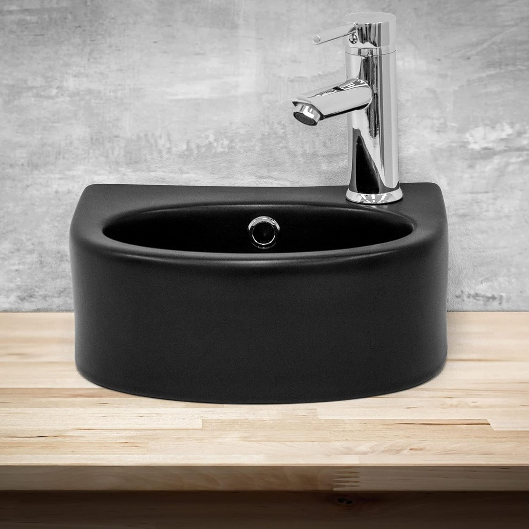 ML-Design Waschbecken Keramik Schwarz 33,5x25,5x13cm klein mit Ablaufgarnitur, Hahnloch rechts, Abge