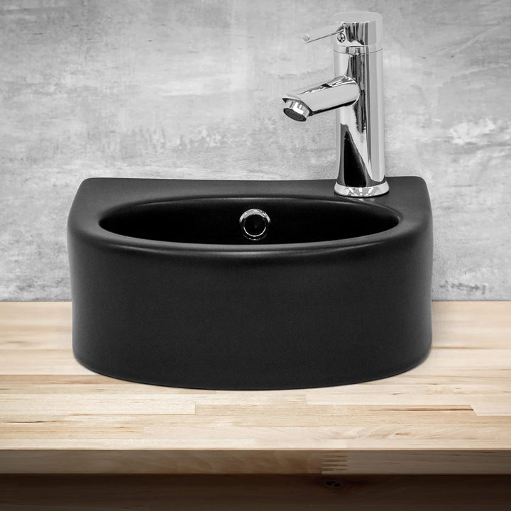ML-Design Waschbecken Keramik Schwarz 33,5x25,5x13cm klein mit Ablaufgarnitur, Hahnloch rechts, Abge