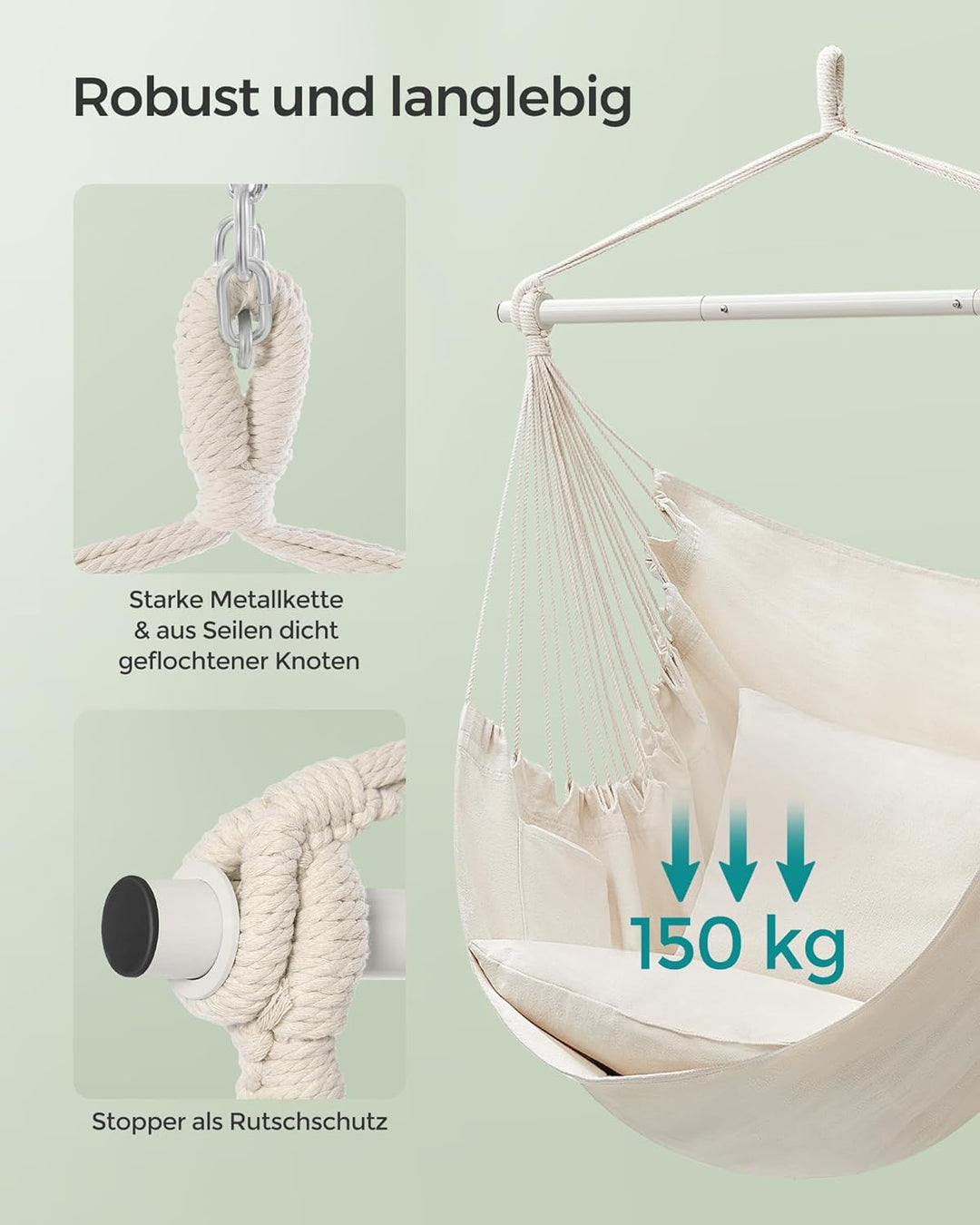 SONGMICS Hängesessel, Hängeschaukel, Hängestuhl mit 2 Kissen, Metallkette, bis 150 kg belastbar, Ind
