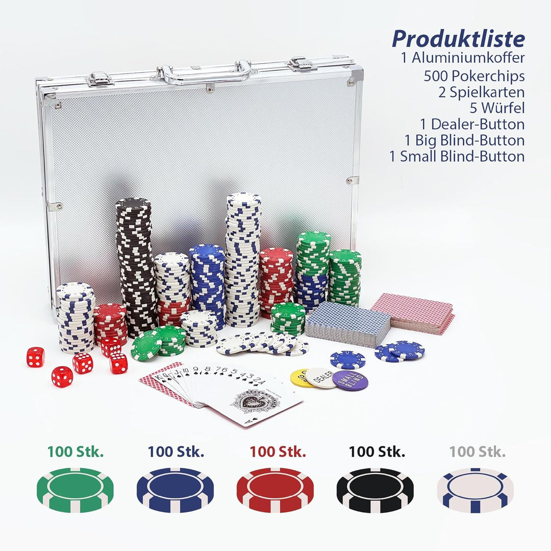 Pokerkoffer mit 500 Laserchips 2 Pokerdecks 3 Button Poker Komplettset, Pokerset Profi Deluxe Set St