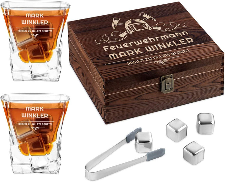 Maverton Whisky Steine Set - in Holzbox mit Gravur - 8 Eiswürfel & 2 Whisky Gläser, Zange, Samtbeute